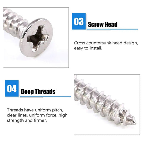 Rugged Heavy Duty Stainless Steel Flat Brackets 2 Inch 3 Inch 4 Inch With Screws close-up of screw head and deep threads detail for woodworking.
