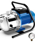 Plug And Play 1.6HP Portable Shallow Well Pump With A Heavy Duty Stainless Build showcasing a blue and silver design, ready for yard irrigation.