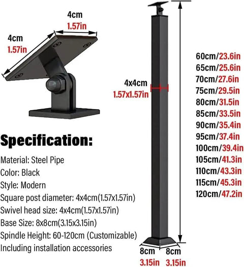 Heavy Duty Black Wrought Iron Stair Railing Spindles Badass Baluster Posts For Outdoor Decks And Porches With Tight 270 Angle Flat Brackets Solid Floor Mount Kit Ready To Go, showing specifications with sizes.