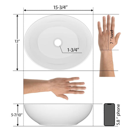 Dimensions of Oval Vessel Sink 16 Inch Countertop Bathroom Sink White Porcelain Vanity Bowl shown with hand and phone for scale.