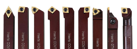 Front view of nine-piece 5/8-inch shank indexable turning and boring tool set with TiN-coated C6 inserts for steel