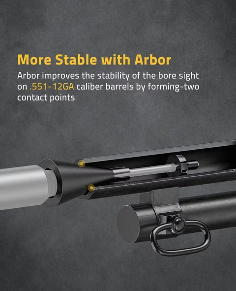 Laser Bore Sight Kit With 32 Adapters For 0.17 To 12 GA Calibers showing arbor for stability on barrel contact points