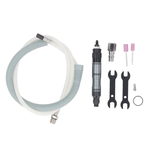 Heavy Duty Professional Grade Mini Air Die Grinder With Slick Stepless Throttle And Blazing 70000 Rpm Turbo Power For Flawless Job Shop Grind And Crisp Detail Work Equipped With Versatile Collet Kits parts and accessories including hose, die grinder, collets, and wrenches.