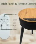 1500W PTC Ceramic Space Heater With Side Table, remote control and touch panel features displayed, black.