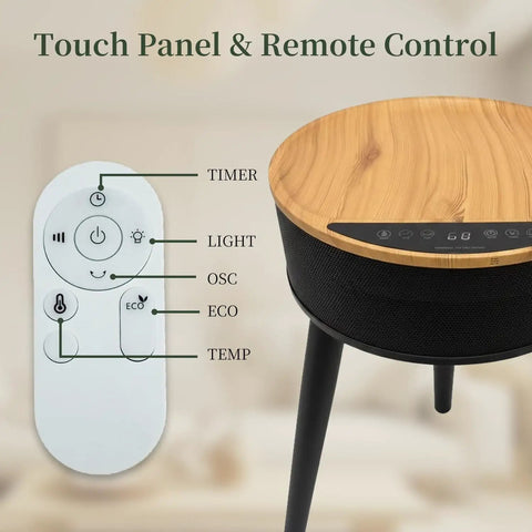 1500W PTC Ceramic Space Heater With Side Table, remote control and touch panel features displayed, black.