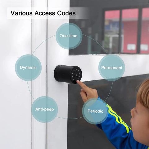 Child using Smart Door Lock With Fingerprint And Bluetooth Control No Key Needed NFC App Code Entry Access Card Backup Keys Black Finish 6 In 1 Keyless Entry For Home Security Auto Lock And Unlock with various access codes.