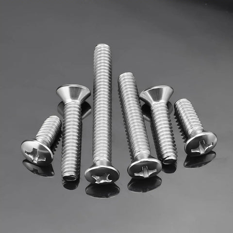 50 Pack Of 18 8 304 Stainless Steel Phillips Oval Head Machine Screws 10 24 By 5 8 Inches, assorted sizes on dark background.