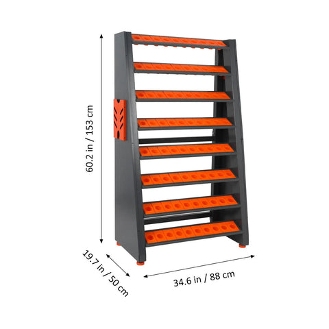 Side view of Heavy Duty CNC Tool Holder Rack Storage Organizer With Eight Row Metal Shelf, dimensions labeled.