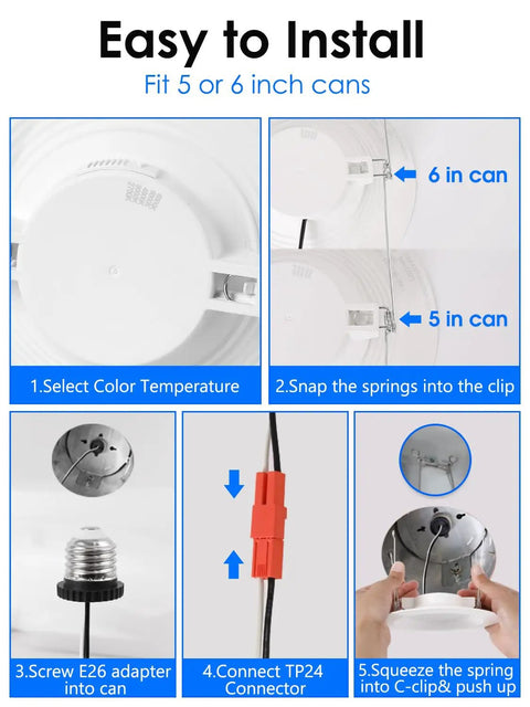 Step-by-step installation process of 6 Inch LED Recessed Downlight Retrofit Can Light 12.5W To 100W Equivalent Cool White