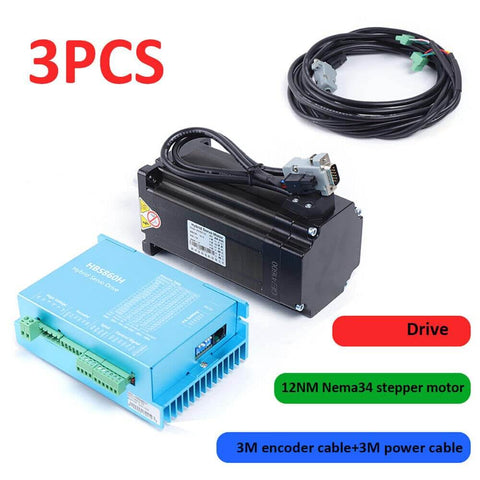 Closed Loop Stepper Motor Kit With 12NM Hybrid Servo Driver For CNC Engraving, showing 12Nm Nema34 motor, encoder cables, and driver unit.