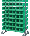 Heavy Duty Double Rail Hanging Unit With 92 Green Plastic Storage Bins, showcasing multiple stacked bins for organized storage solutions.