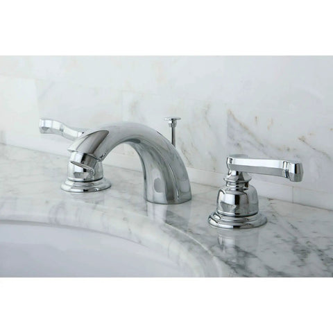 Royale Widespread Mini Bathroom Faucet With Brass Pop Up Drain 4 And A Half Inch Centers Polished Chrome on marble countertop