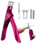 Acrylic Nail Clippers With 15 Magnetic Sizers For Long Gel Nails, adjustable stainless steel trimmer in plum color, shown with accessories.
