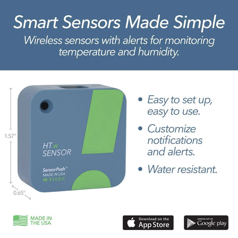 No Fuss Smart Temperature And Humidity Monitor With App Alerts Water Resistant Sensor For RV Fridge Freezer Or Home Use Plug And Play Setup Real Time Readouts Heat Index And Humidity Trends blue sensor 1.57 x 0.65 inches