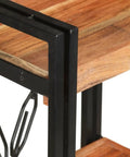 Close-up of 3 Tier Industrial Bookcase With Solid Acacia Wood And Black Steel Frame For Small Spaces, corner detail, rustic modern design.