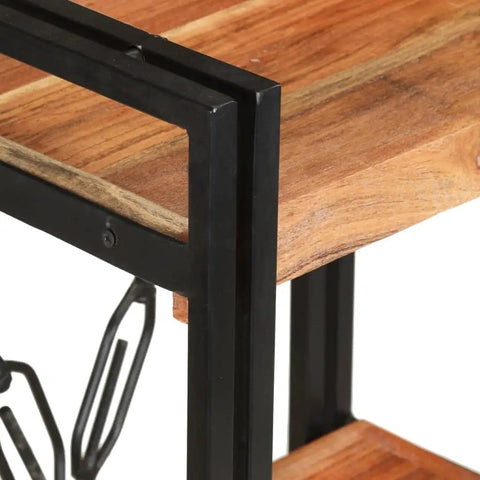Close-up of 3 Tier Industrial Bookcase With Solid Acacia Wood And Black Steel Frame For Small Spaces, corner detail, rustic modern design.