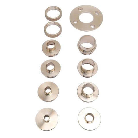 Set of solid brass router template bushings for precision routing, part of Heavy Duty Solid Brass Router Template Guide Set.
