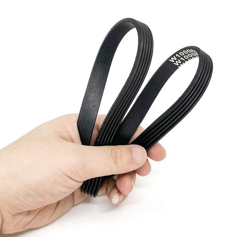 Bulletproof Washer Drive Belt Replacement Part Premium Rubber For Front Load And Top Load Washers Easy Install Fixes Spin Problems Noisy Operation Burning Smell Fits Common US Brands And Similar Models black washer drive belt held in hand, W10006384 replacement part