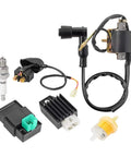 All In One ATV Ignition Coil Kit With 5 Pin AC CDI Box, Voltage Regulator Rectifier, Solenoid Relay, Spark Plug, and Fuel Filter