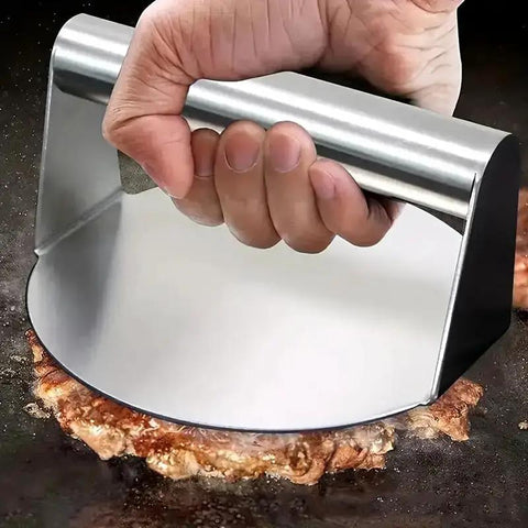 Hamburger Press For Smash Burgers, Stainless Steel Nonstick Smasher Patty Maker in use on flat top griddle