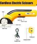 Heavy Duty Cordless Electric Scissors For Cardboard Box Cutter With Safety Lock And Rechargeable Battery, showing blade, charging cable, and safety features.