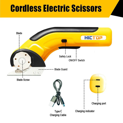 Heavy Duty Cordless Electric Scissors For Cardboard Box Cutter With Safety Lock And Rechargeable Battery, showing blade, charging cable, and safety features.