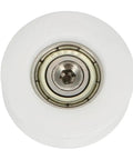 Close-up of one wheel from the Set Of Four Metal V Groove Pulley Wheels For Threaded Rod Bearings, 6x22x8mm, white, heavy duty.