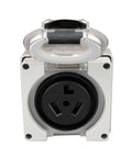 Built Legit For Any Adventure This Heavy Duty Nema 5-30R RV Power Outlet Box front view with weatherproof clear cover.