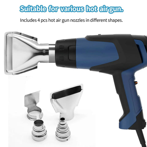 Four Pcs Heat Gun Nozzle Kit Pro Grade Stainless Steel Reflector Nozzle Curved Nozzle And Round Nozzles featuring different shapes with a hot air gun.