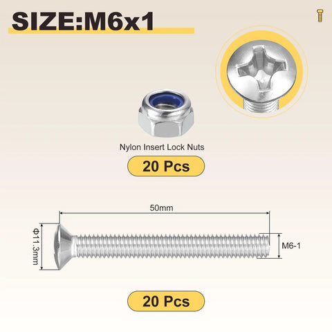 Tough As Nails Phillips Head Machine Screws And Lock Nuts Kit M6 X 50mm showing 20 steel bolts and 20 nylon lock nuts.