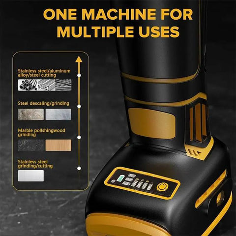 125mm Brushless Angle Grinder Cordless Polishing Machine Heavy Duty Power Tool showing multiple uses for cutting and grinding.