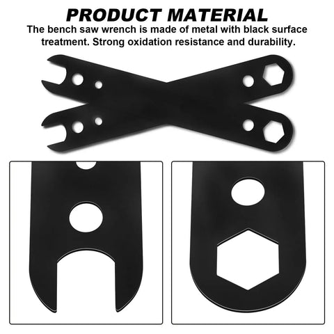 Heavy Duty Table Saw Wrench Built With Kickass Durability For Swift Blade Changes And Snug Hardware Securing Featuring Low Profile Side Mount Holder And Rust Proof Matte Coating. Close-up view of metal wrench showing hex and fork ends.