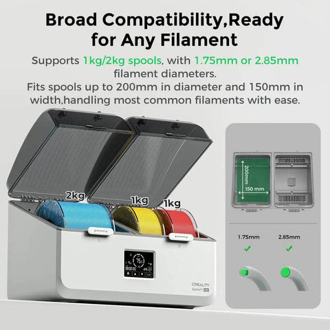 SpacePi X4L Filament Dryer And Storage Box For Four Spools, Dual Independent Heating Chambers Up To 75C, with filaments inside