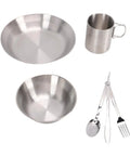 Stainless Steel Camping Mess Kit with plates, bowls, cup, and utensils for easy campouts, picnics, beach trips, and travel gear.