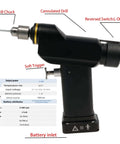 Top Shelf Electric Cannulated Drill For Veterinary Bone Surgery Featuring Rock Solid Stepless Speed Control shown with battery inlet and switch details.
