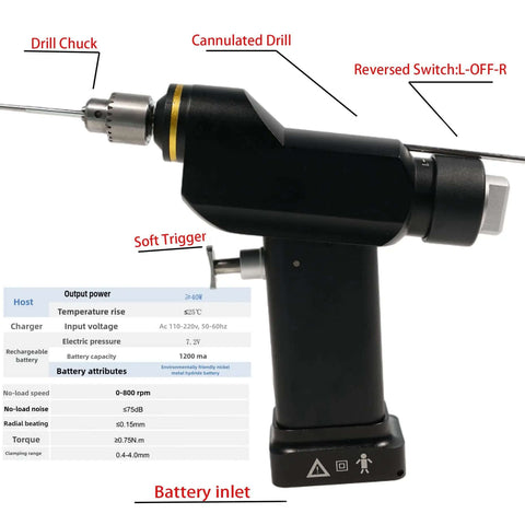 Top Shelf Electric Cannulated Drill For Veterinary Bone Surgery Featuring Rock Solid Stepless Speed Control shown with battery inlet and switch details.
