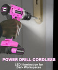 Hand using 20V Cordless Drill Kit With 2 Batteries, Charger, 3/8 Inch Keyless Chuck, 24 Plus 1 Torque Settings, LED Work Light