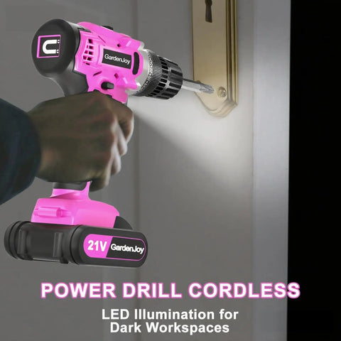 Hand using 20V Cordless Drill Kit With 2 Batteries, Charger, 3/8 Inch Keyless Chuck, 24 Plus 1 Torque Settings, LED Work Light