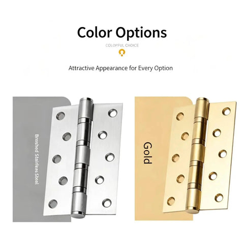 5 Inch Stainless Steel Swing Door Hinge With Silent Bearing For Interior Doors And Cabinets Tough As Nails displayed in brushed and gold finishes.
