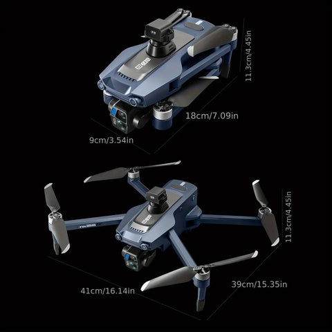 Beefy Payload Drone With 0.66 Lb Capacity, GPS Positioning, folded and unfolded view, dual 2.7K cameras, blue color