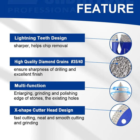 Heavy Duty Diamond Tile Drill Bit Kit Packaged With Twelve Premium Porcelain Hole Saws features lightning teeth design and high quality diamond grains.