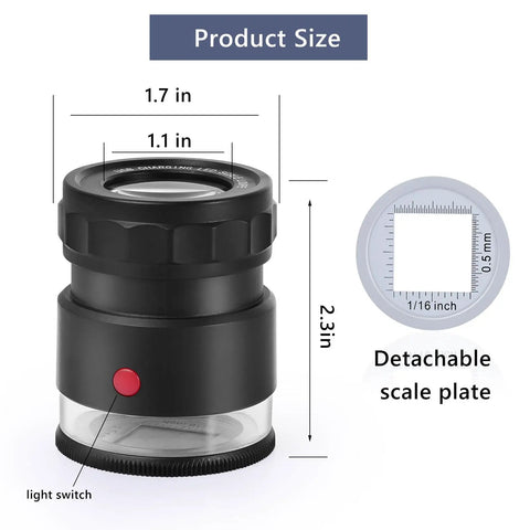 30X Loupe Magnifier With USB Rechargeable LED Lights Handy Pocket Tool showing size dimensions and detachable scale plate.