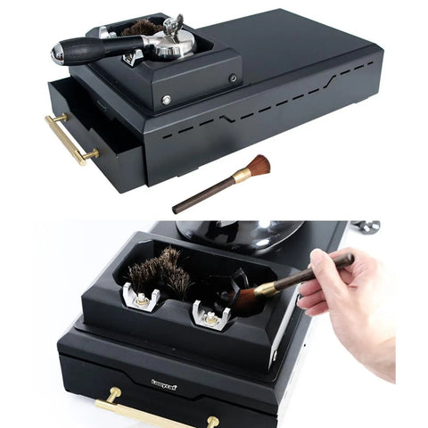 Hassle Free Automatic Portafilter Cleaning Machine With Knock Box Runs Like A Charm At 300 Rpm shown from above with cleaning brush.