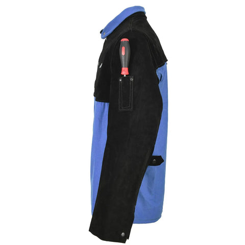 Side view of Split Leather Sleeves Welding Jacket With 10oz FR Cotton Body, Large size, showing leather sleeve and tool pocket.