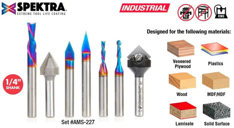 Heavy Duty Eight Piece CNC Router Bit Set For 3D Signmaking Crafted From Premium Carbide With Heat Resistant Ceramic Coating One Quarter Inch Shank display.
