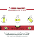 Heavy Duty 16 Inch Magnetic Torpedo Spirit Level With Three Precision Vials For 45 90 And 180 Degree Layouts showing three green bubble vials.