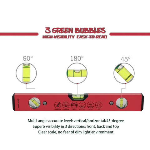Heavy Duty 16 Inch Magnetic Torpedo Spirit Level With Three Precision Vials For 45 90 And 180 Degree Layouts showing three green bubble vials.