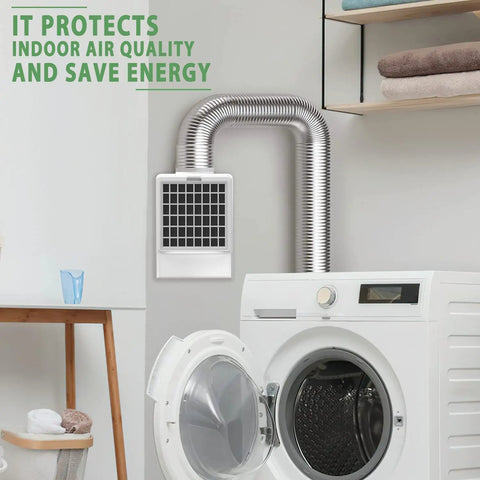 Laundry room setup with dryer connected to 3 In 1 Indoor Dryer Vent Kit With Stainless Steel Pre Filter Screen And High Temperature Polyester Filter