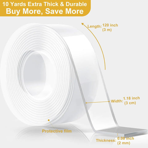 Four Pack Double Sided Mounting Tape 1.2 Inch By 120 Inch Heavy Duty Adhesive, roll showing protective film and dimensions