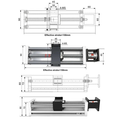 Heavy Duty High Precision Linear Guide Rail And Optical Axis Ballscrew Closed Loop Stepper Motor Kit shown from multiple angles and dimensions.